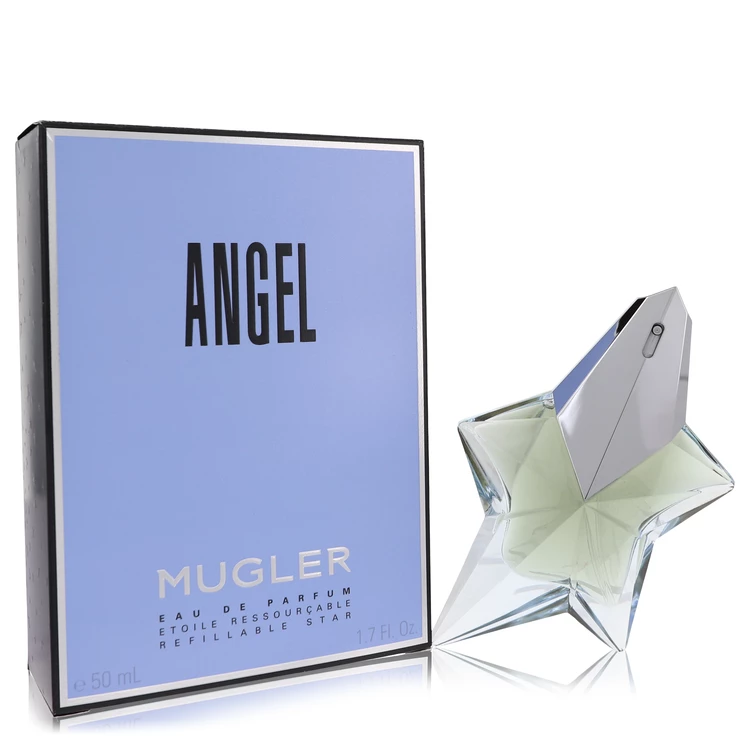 Mugler Angel perfume bottle and packaging on a white background