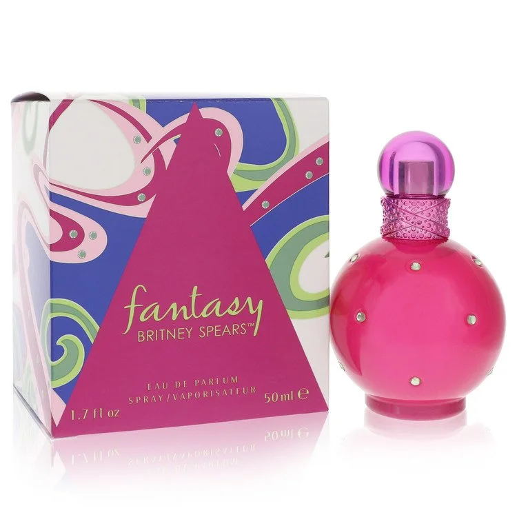 Pink perfume bottle with decorative cap and colorful packaging on a white background