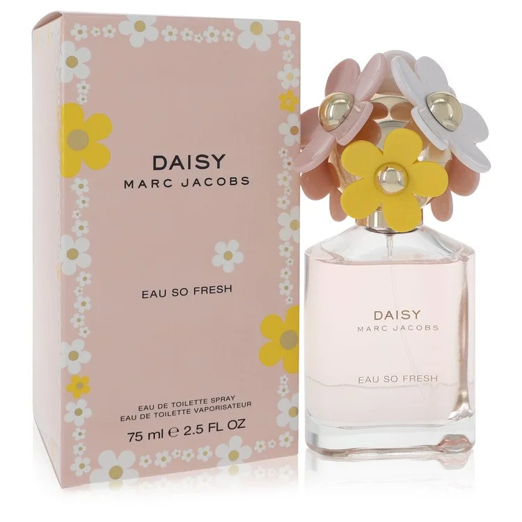 Marc Jacobs Daisy Eau So Fresh perfume bottle and packaging with floral design.