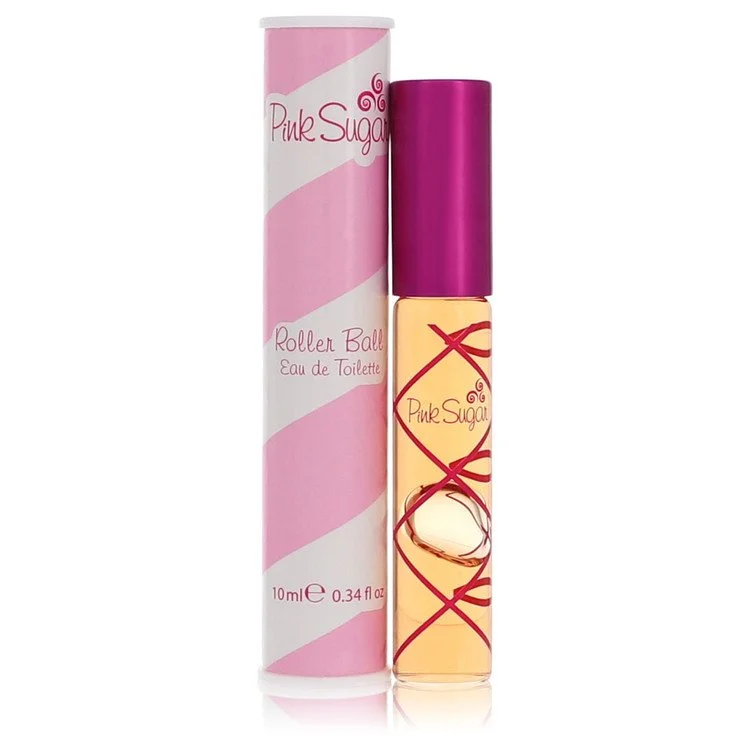 Pink Sugar rollerball perfume with packaging on a white background
