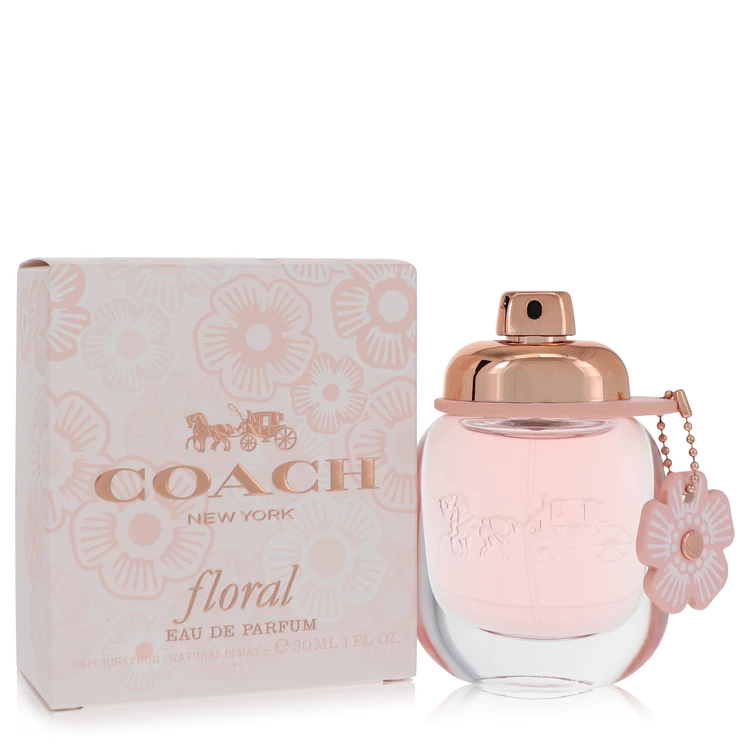 Coach floral Eau de Parfum bottle and packaging on a white background