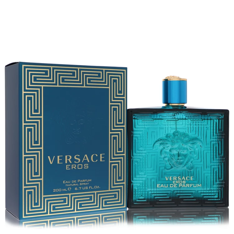 Versace Eros perfume bottle and packaging on a white background